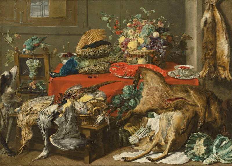 Larder with a draped table laden with game, a lobster, vegetables and fruit in a basket, and kraak porcelain, with a parrot and two hounds - Frans Snyders