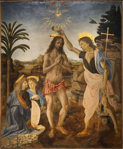 Reproduction du tableau « Le Baptême du Christ - Léonard de Vinci » par Alpha Reproduction en peinture à l’huile