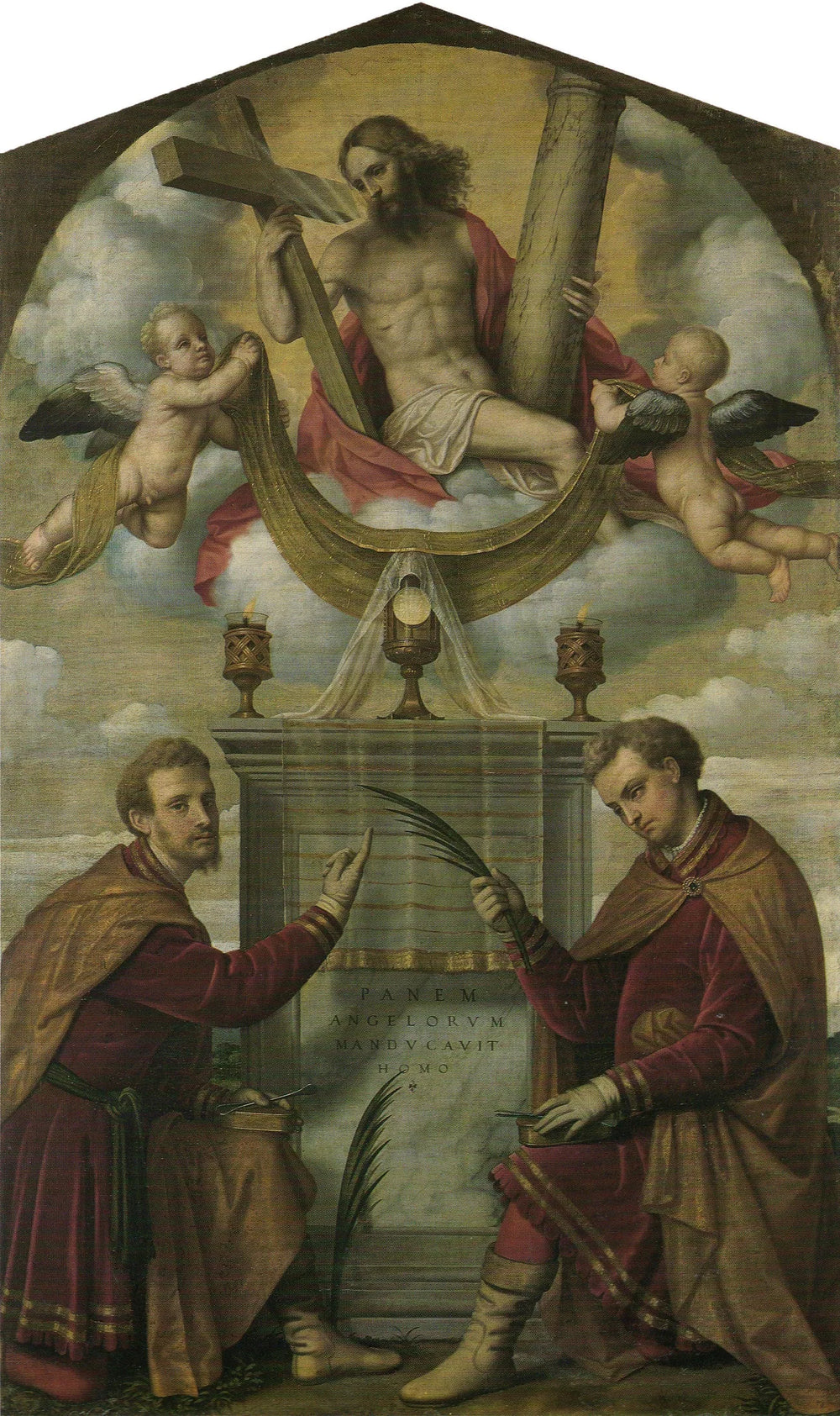 Le Christ avec l'Eucharistie et les saints Côme et Damien - Alessandro Bonvicino image 1 copie peinte à la main à l’huile