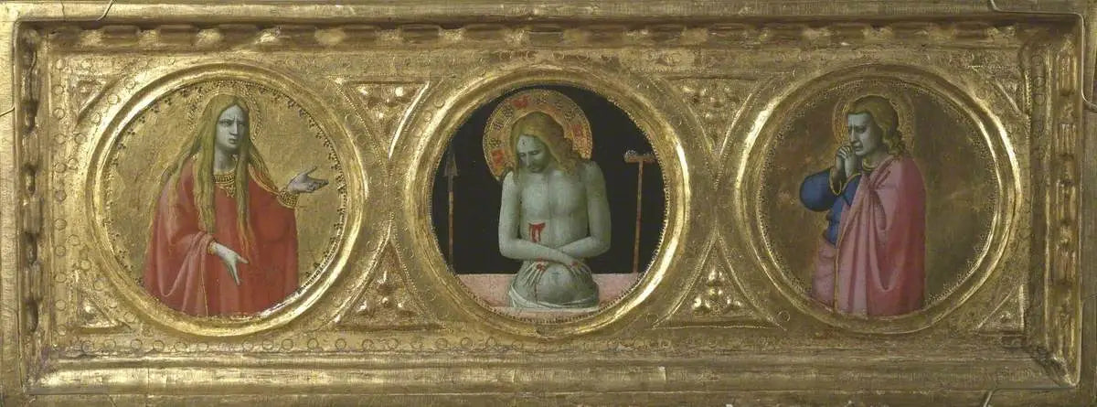 Le Christ en homme de douleur entouré de sainte Marie-Madeleine et de saint Jean l’Évangéliste (prédelle panneau