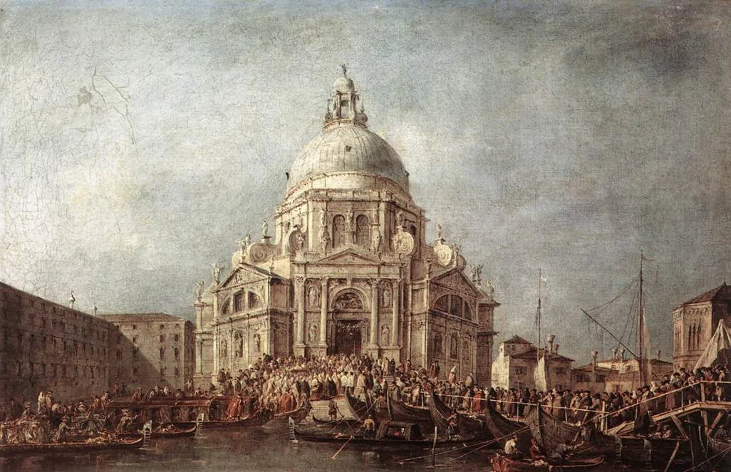 Le doge de Venise se rend à la Salute, le 21 novembre, jour de la commémoration de la fin de la peste de 1630 - Francesco Guardi image 1 reproduction artisanale de tableau