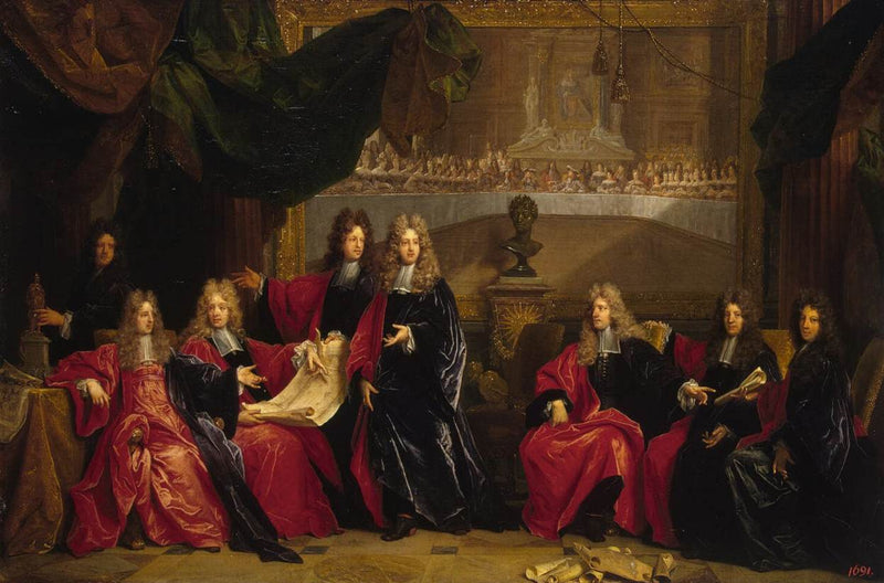 Le prévôt et les magistrats municipaux de Paris discutent de la célébration du dîner donné en l'honneur de Louis XIV à l'Hôtel de Ville après sa guérison en 1687. - Nicolas de Largillière
