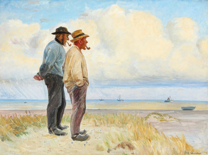 Les pêcheurs de Skagen Rasmus Bergen Sørensen et Bøj Andersen debout sur la plage. - Michael Peter Ancher