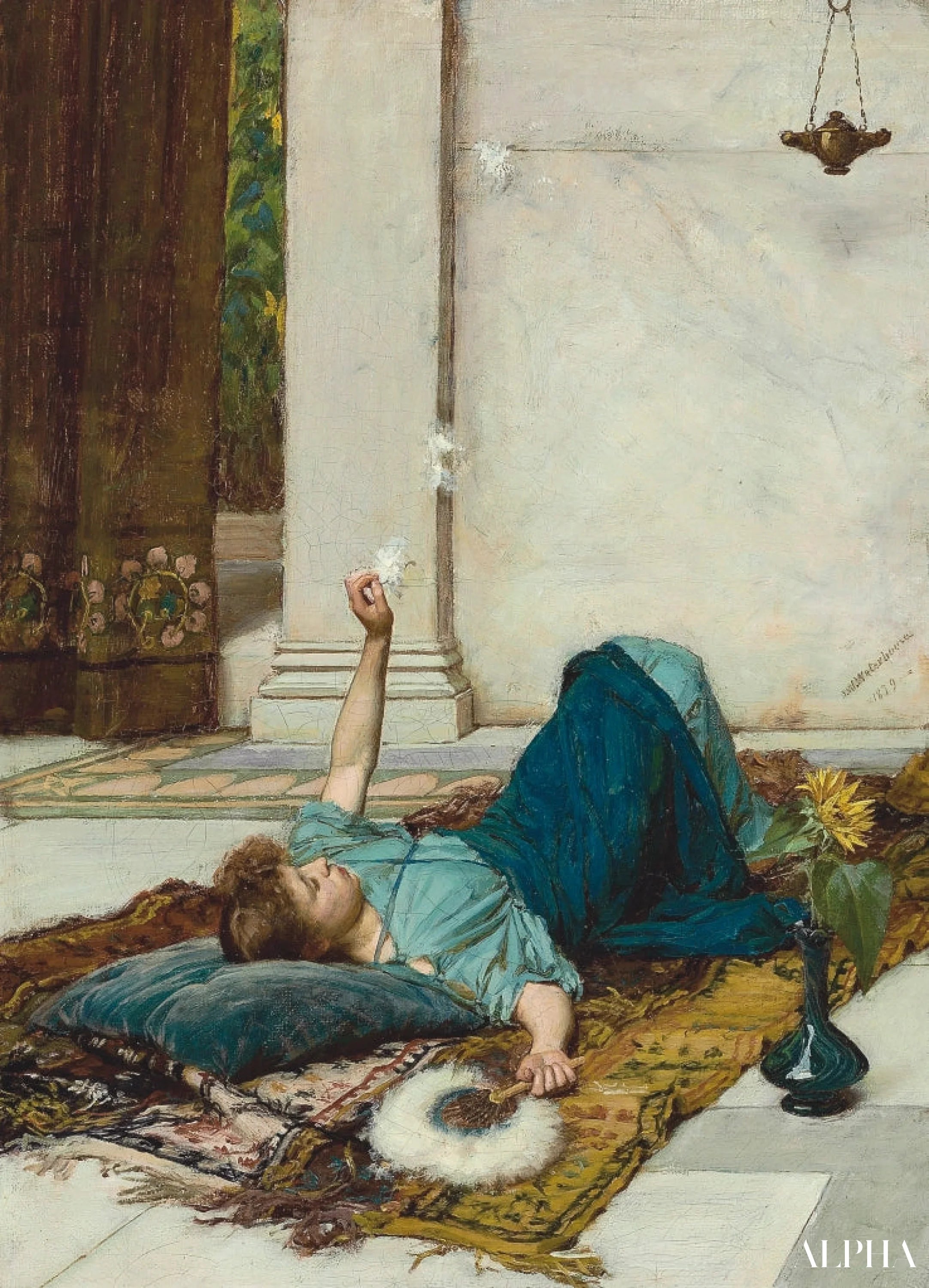 Reproduction du tableau « L'éventail à plumes blanches - John William Waterhouse » par Alpha Reproduction en peinture à l’huile