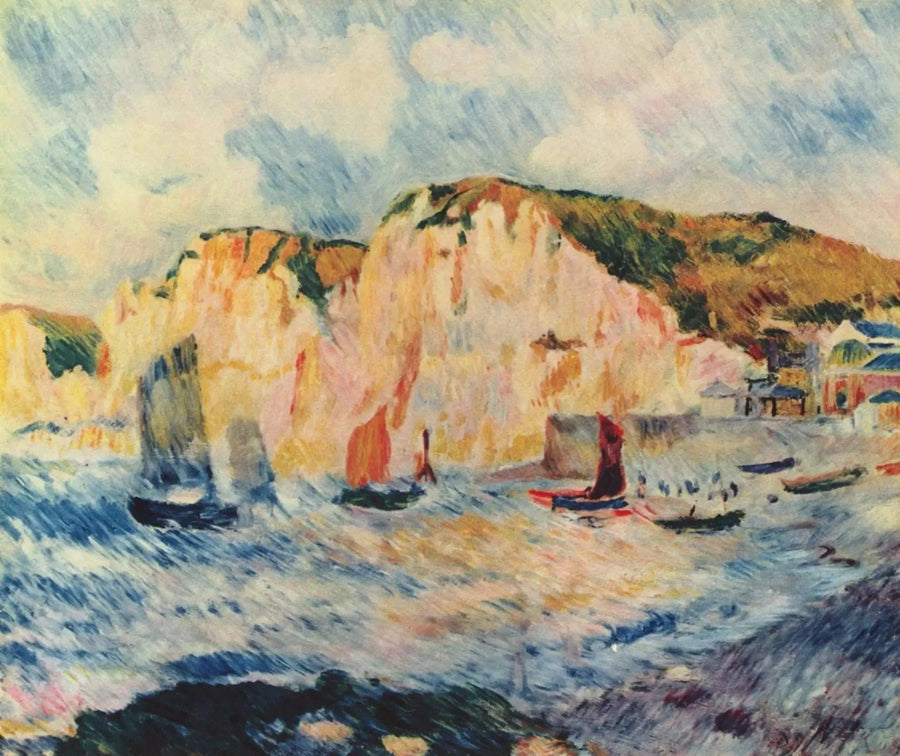 Mer et falaises, voiliers devant des falaises normandes, peint par Pierre-Auguste Renoir vers 1885
