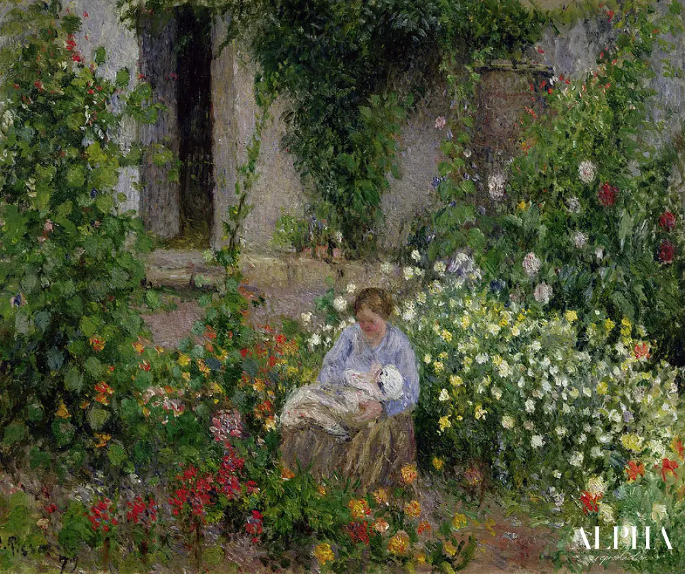 Mère et enfant dans les fleurs - Camille Pissarro - Reproductions de tableaux et peintures haut de gamme