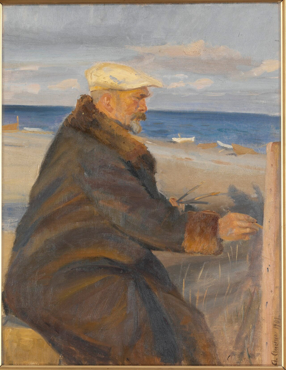 Michael Ancher målande på stranden (Michael Ancher dessinant sur la plage) - Anna Ancher image 1 reproduction réalisée par Alpha Reproduction