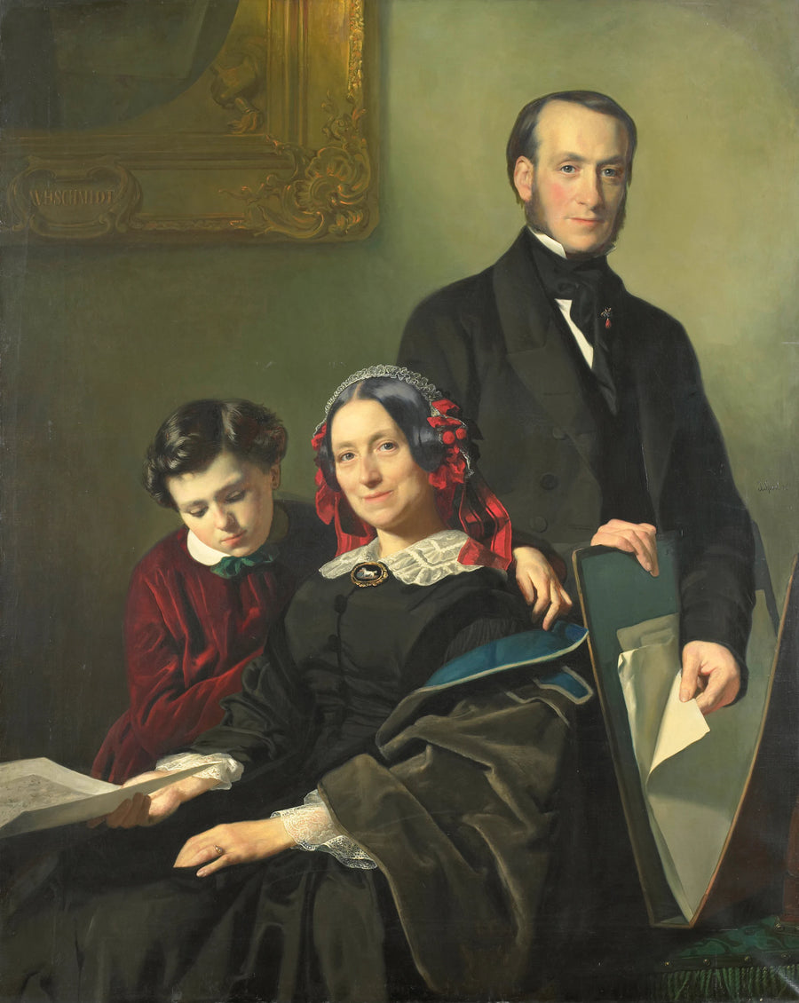 Mme A J Schmidt-Keiser, veuve du peintre Willem Hendrik Schmidt (1809-49), professeur de Jacob Spoel, avec son frère J N Keizer et son fils de dix ans - Jacob Spoel