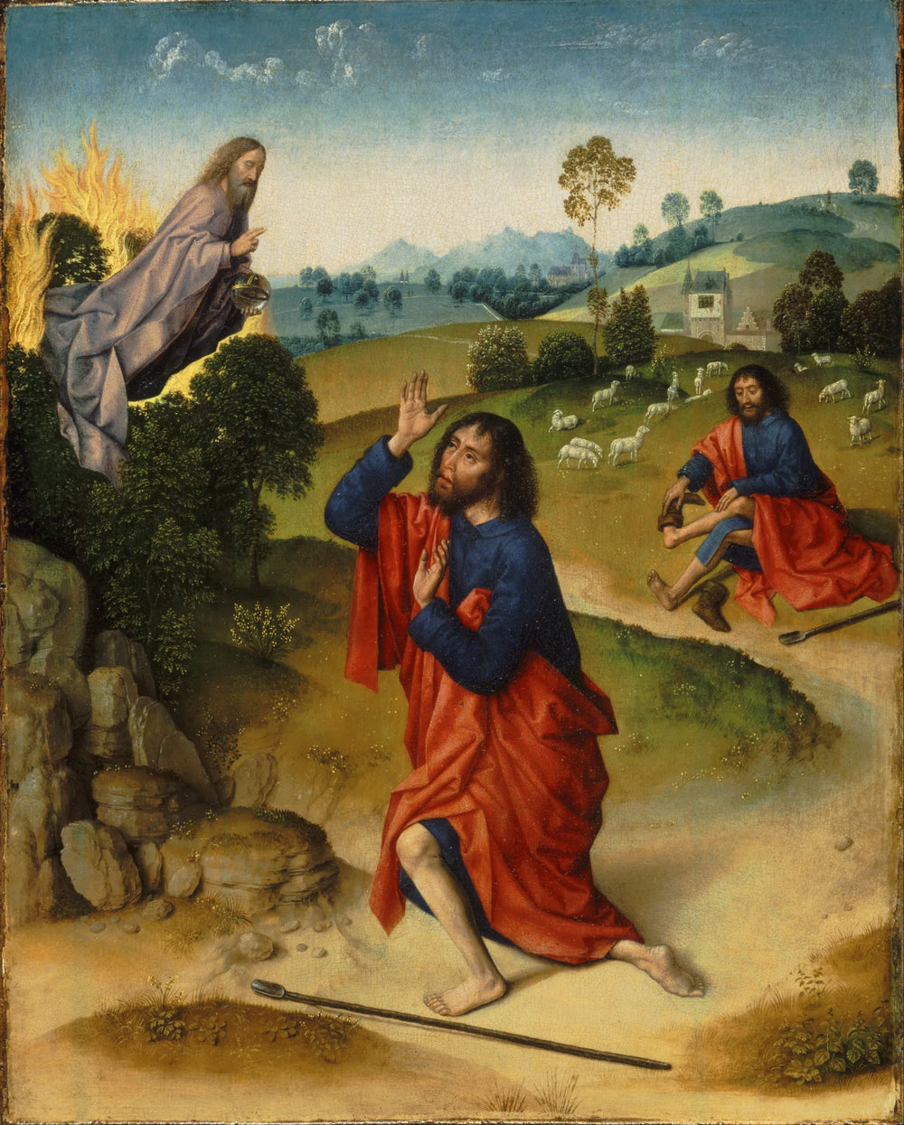 Moïse et le buisson ardent, avec Moïse qui enlève ses chaussures - Dirk Bouts image 1 reproduction de peinture à l’huile