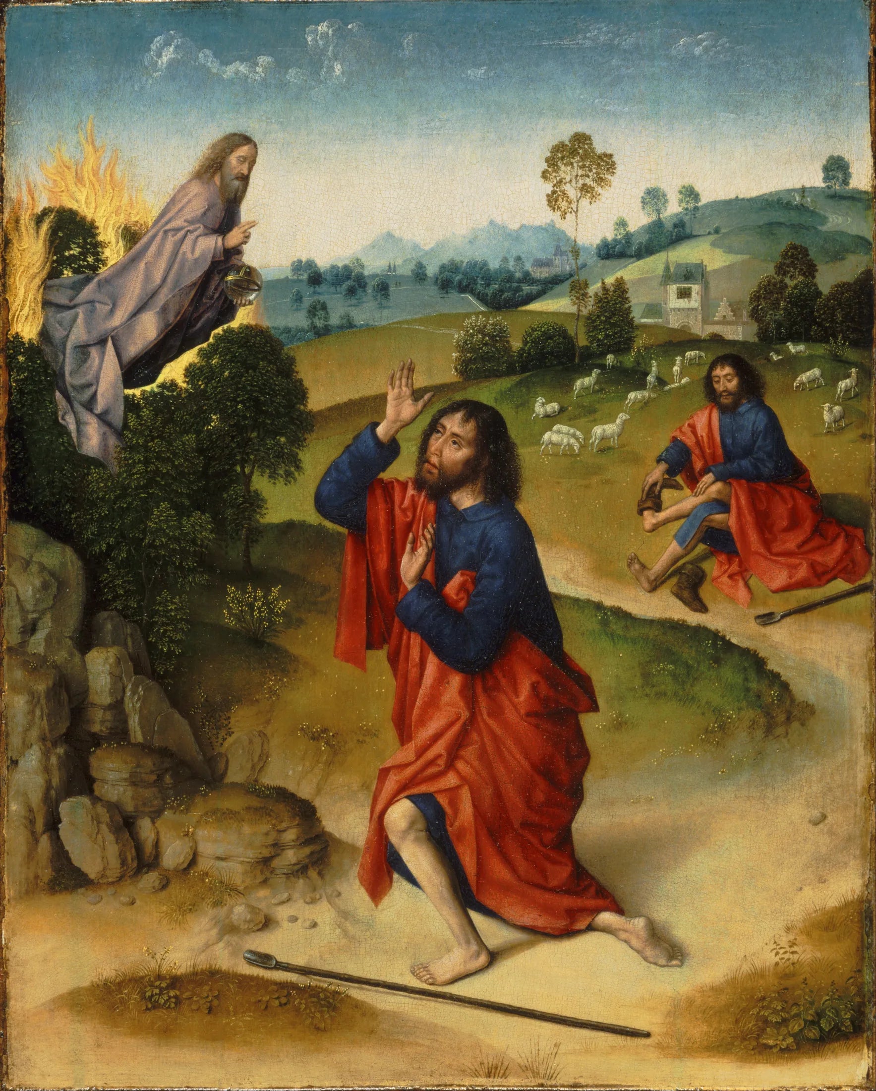 Moïse et le buisson ardent, avec Moïse qui enlève ses chaussures - Dirk Bouts image 1 reproduction de peinture à l’huile
