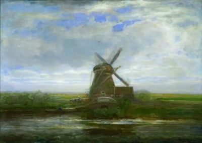 Reproduction du tableau « Moulin d'Oostzijdse avec coucher de soleil panoramique, moulin au centre - Piet Mondrian » par Alpha Reproduction en peinture à l’huile