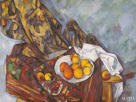 Nature morte avec le rideau fleuri et l'assiette de fruits - Paul Cézanne - Reproductions de tableaux et peintures haut de gamme