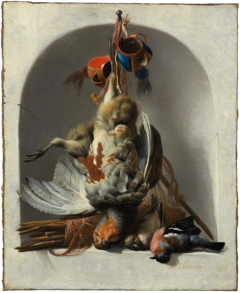 طبيعة ميتة مع طيور ومعدات صيد داخل عرين - ميلكيور دي هوندكوتر