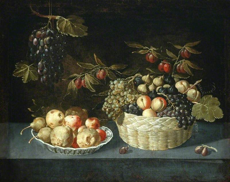 Nature morte avec un panier et une coupe de fruits sur un rebord - Juan van der Hamen image 1 tableau peint à l’huile sur toile