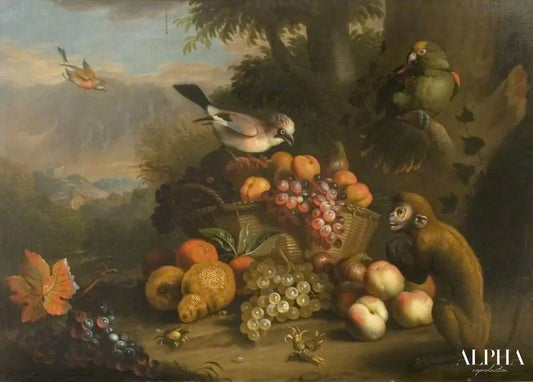 Nature morte avec un singe, Jay et Parrot - Tobias Stranover - Reproductions de tableaux et peintures haut de gamme