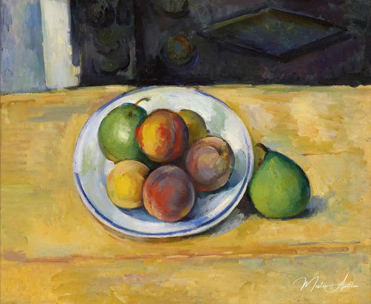 Nature morte avec une pêche et deux poires vertes - Paul Cézanne - Reproductions de tableaux et peintures haut de gamme