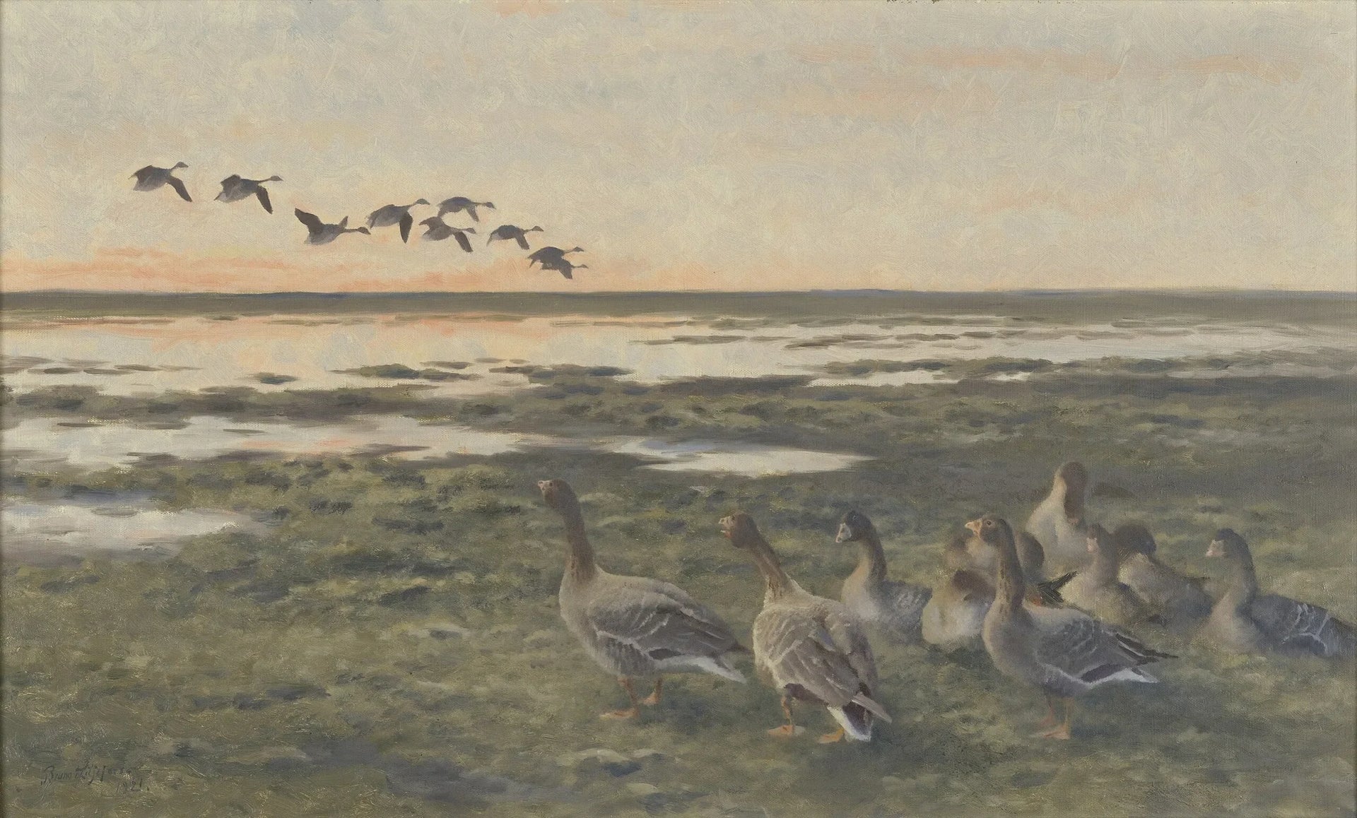 Neerstrijkende rietganzen bij zonsondergang - Bruno Liljefors image 1 reproduction réalisée par Alpha Reproduction