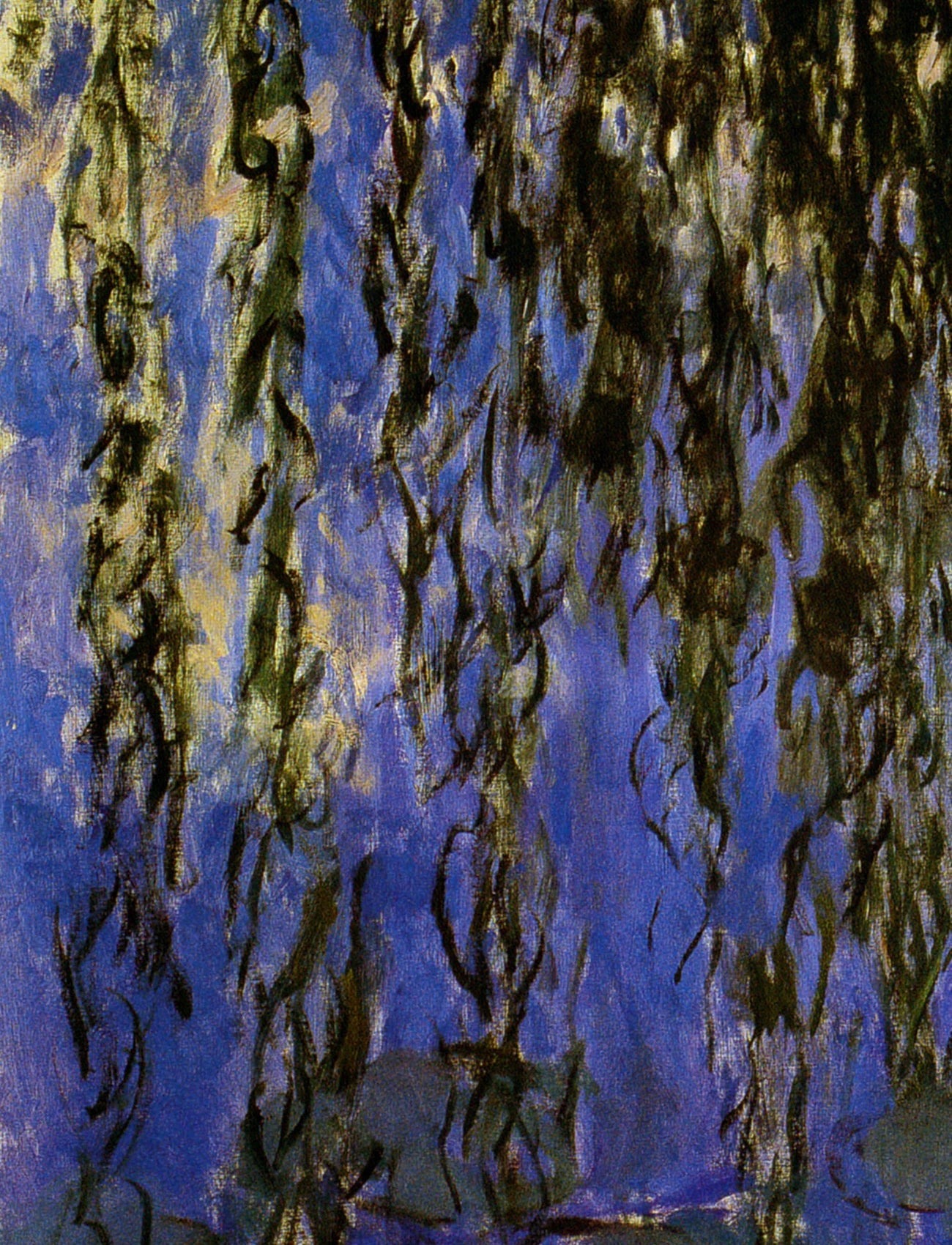 Détail des rameaux noirs et des nymphéas du côté gauche dans l’œuvre W1851 de Claude Monet