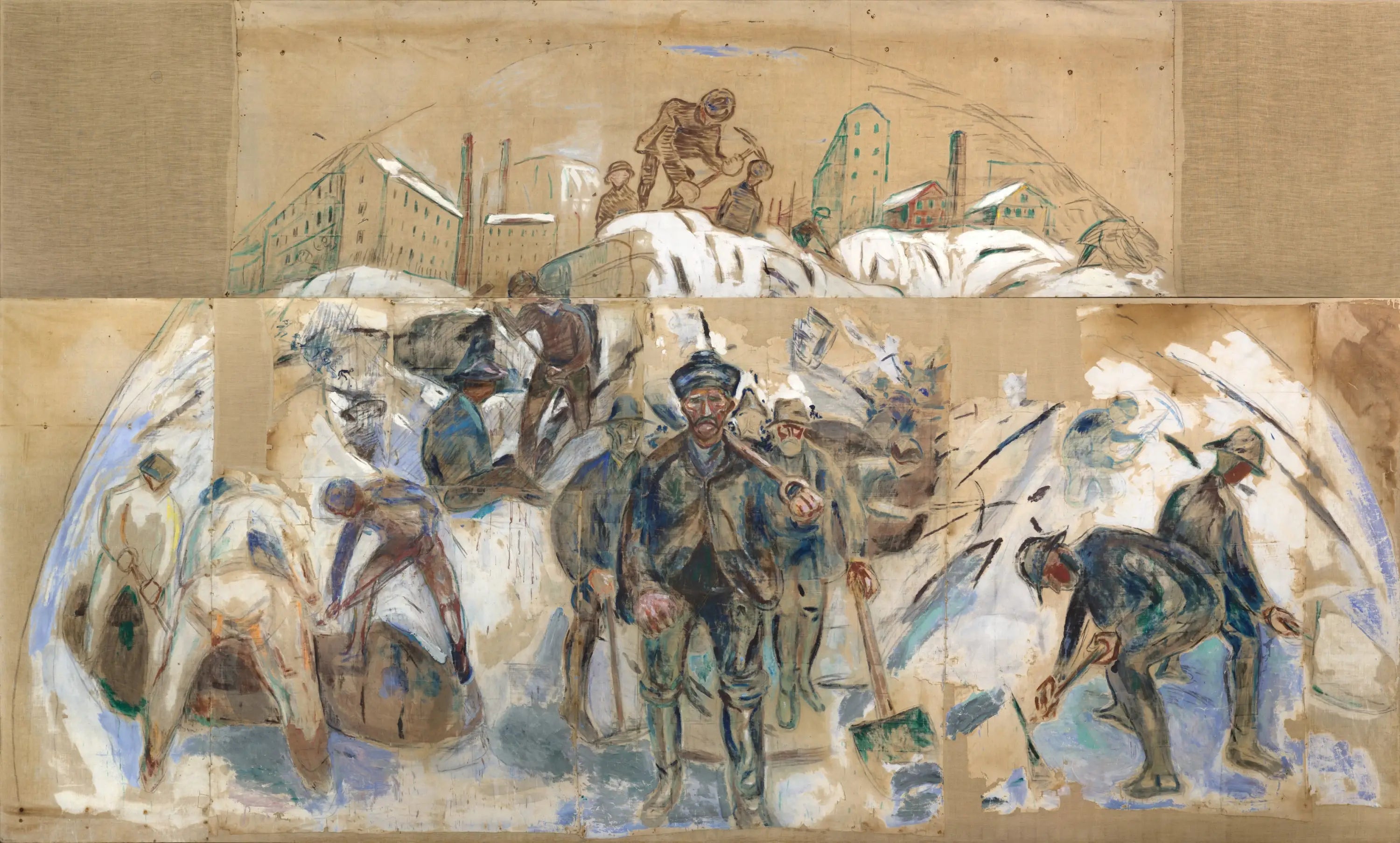 Reproduction du tableau « Ouvriers sur le chantier de construction. Esquisse pour un décor de l'hôtel de ville d'Oslo - Edvard Munch » par Alpha Reproduction en peinture à l’huile