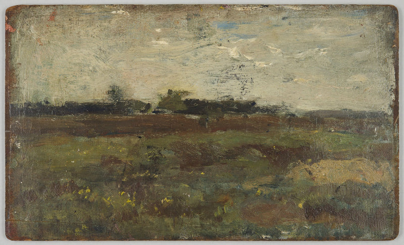 Paneel op twee zijden beschilderd met op de voorkant een landschap door Jozef Israëls en op de achterkant drie vrouwen op het strand door Isaac Israels - Isaac Israëls