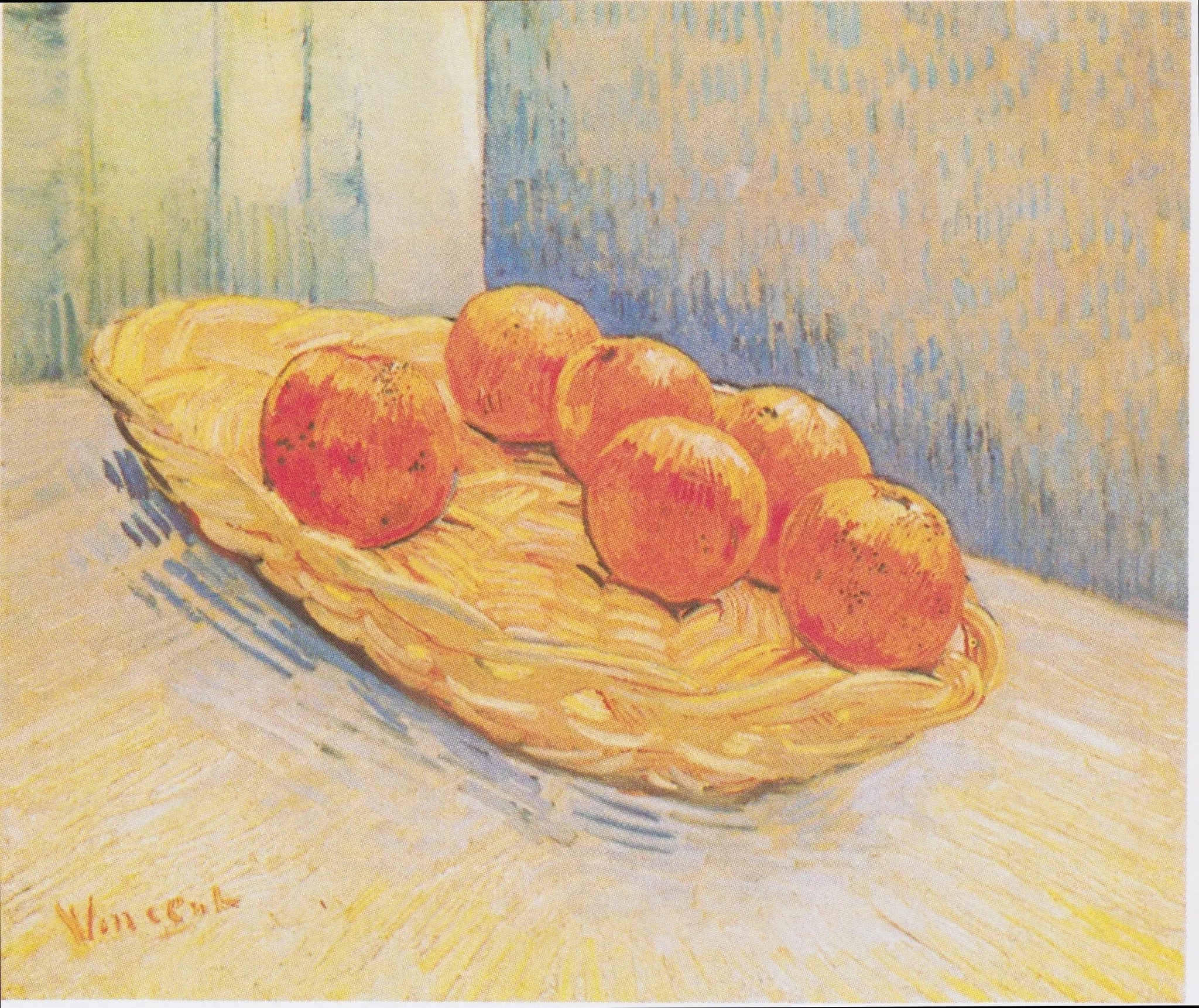 Panier avec six oranges, F395 — fruits orange vif dans une corbeille jaune peints par Vincent van Gogh