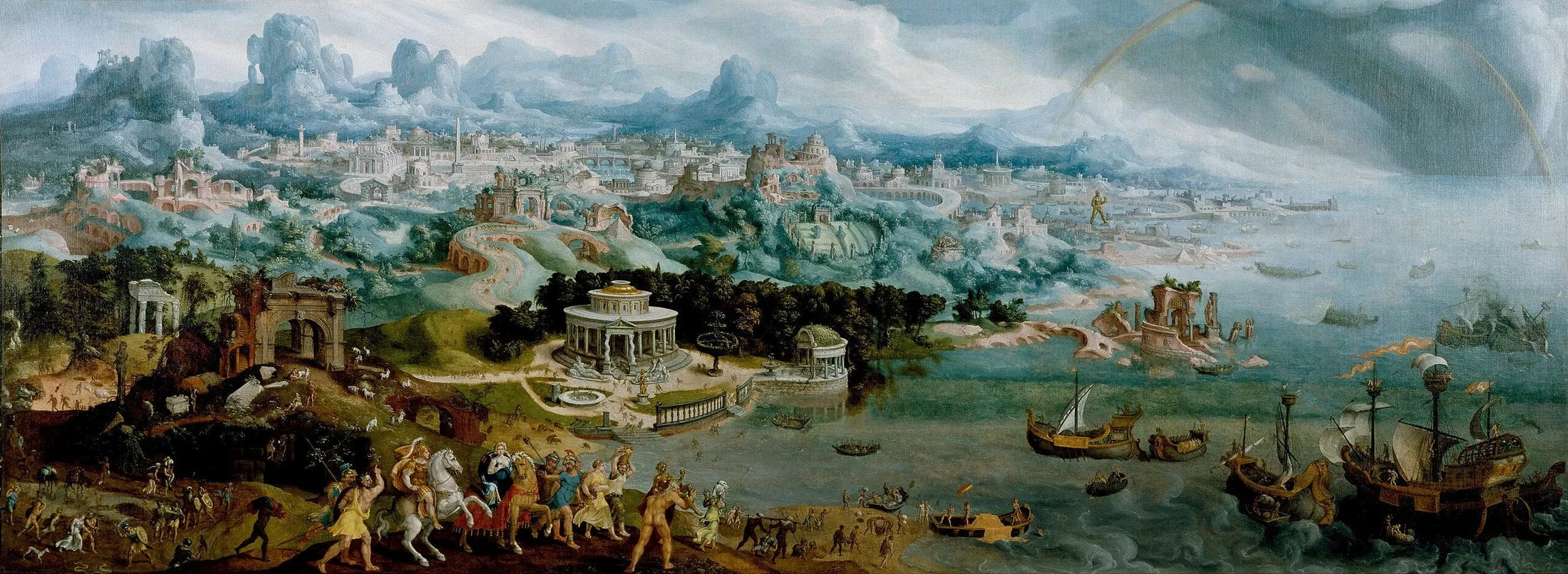 Panorama de l'enlèvement d'Hélène au milieu des merveilles du monde antique - Maarten van Heemskerck image 1 reproduction de peinture à l’huile