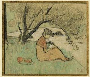 Marguerite Sérusier lisant près de la rivière, peinture de Paul Sérusier