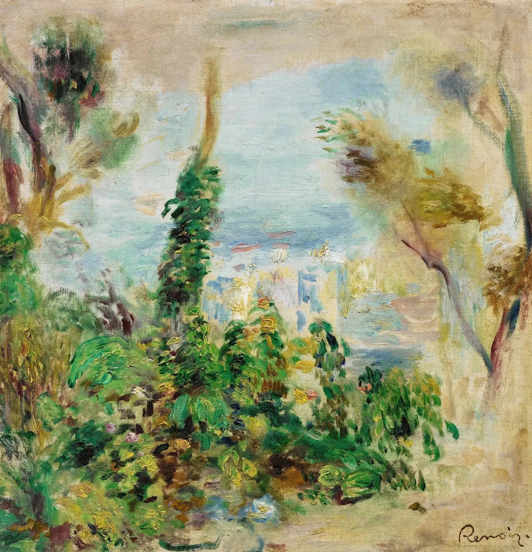 Paysage, au premier plan fleurs grimpantes, au fond maisons - Pierre-Auguste Renoir image 1 reproduction de peinture à l’huile