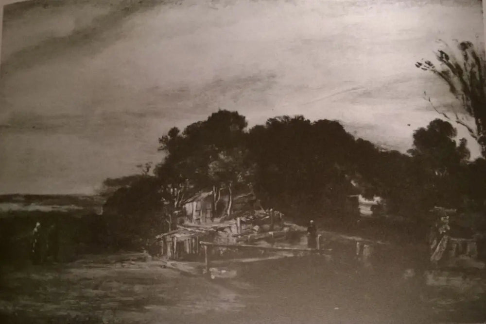 Reproduction du tableau « Paysage avec chalets - Rembrandt » par Alpha Reproduction en peinture à l’huile