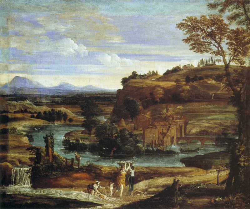 منظر طبيعي مع غاسلات ملابس وطفل يسكب النبيذ - Domenichino
