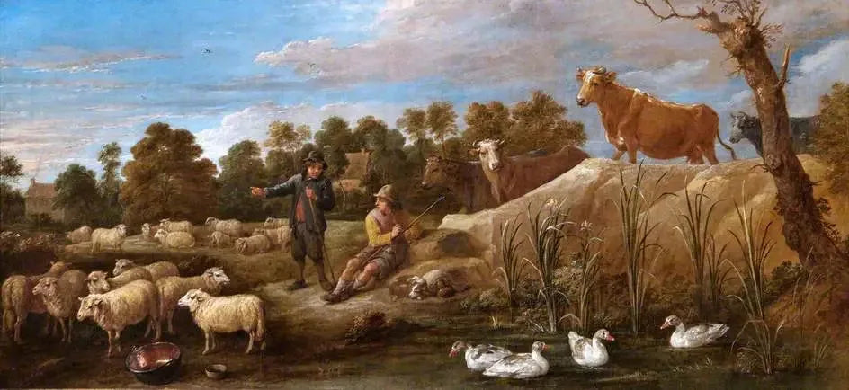 Paysage avec deux bergers, du bétail et des canards - David Teniers le Jeune image 1 reproduction de peinture à l’huile