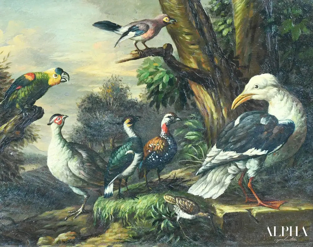 Paysage avec faisans, perroquet et divers oiseaux - Tobias Stranover - Reproductions de tableaux et peintures haut de gamme