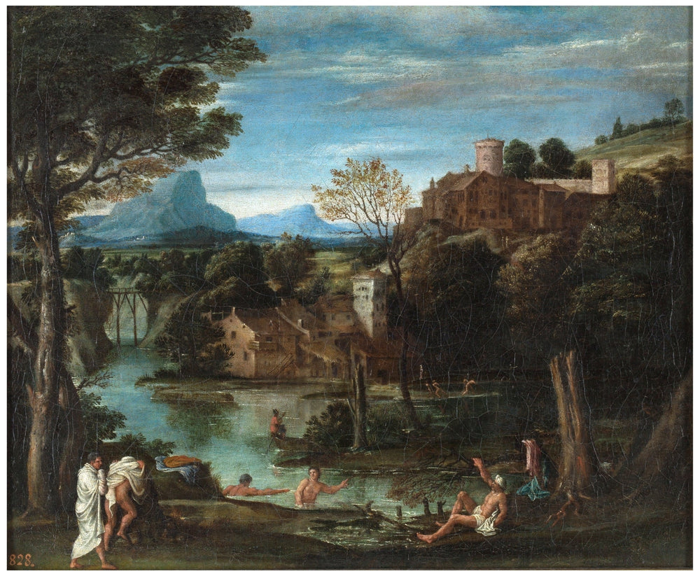 Paysage avec rivière et baigneurs - Annibale Carracci image 1 reproduction de peinture à l’huile