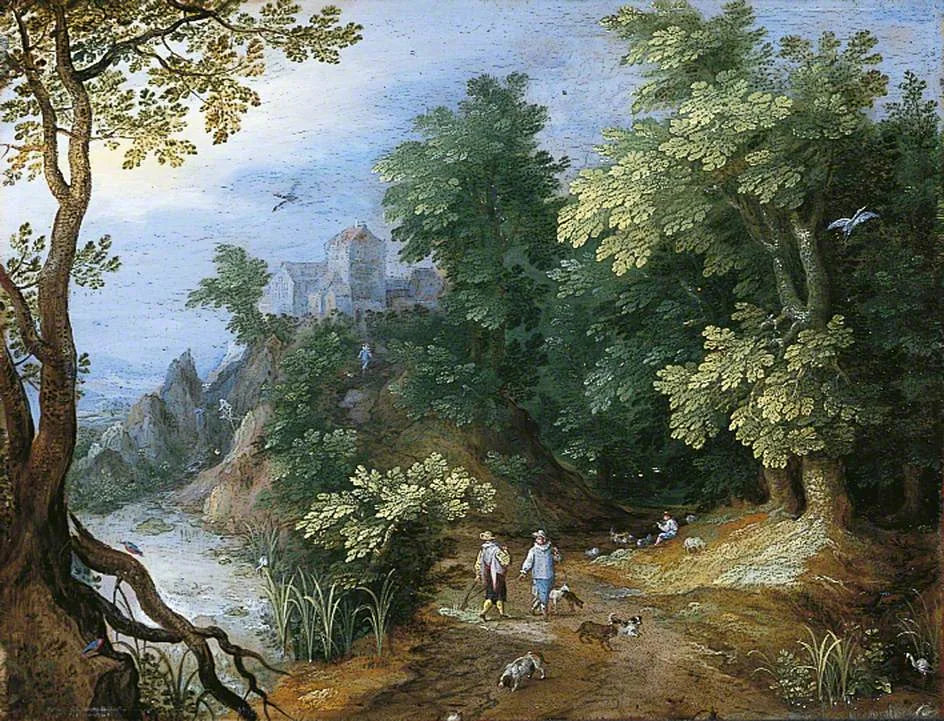 Paysage avec sportifs et chiens - Jan Brueghel l'Ancien image 1 copie peinte à la main à l’huile