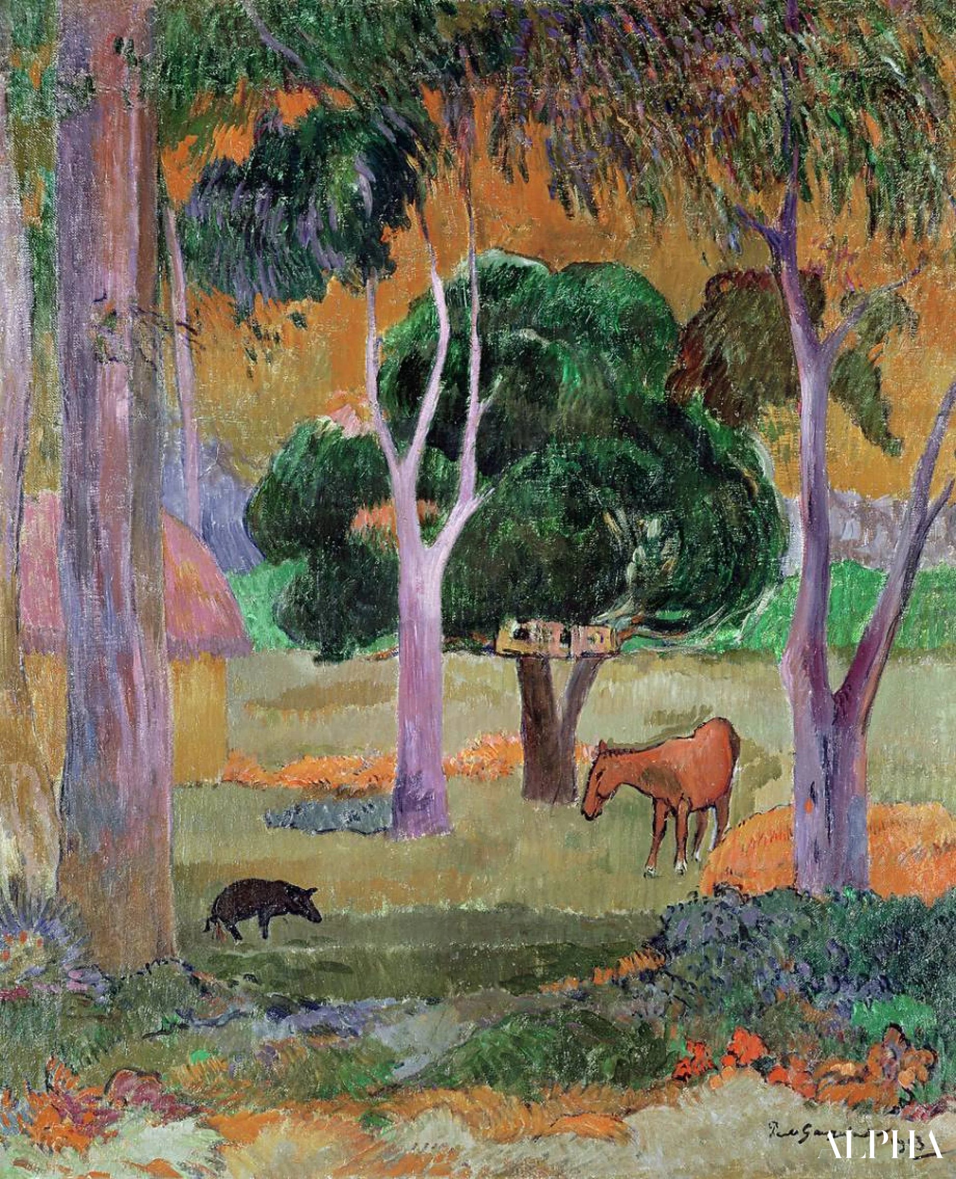 Paysage avec un cochon et un cheval - Paul Gauguin - Reproductions de tableaux et peintures haut de gamme