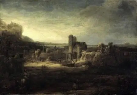 منظر طبيعي مع كنيسة - رمبرانت