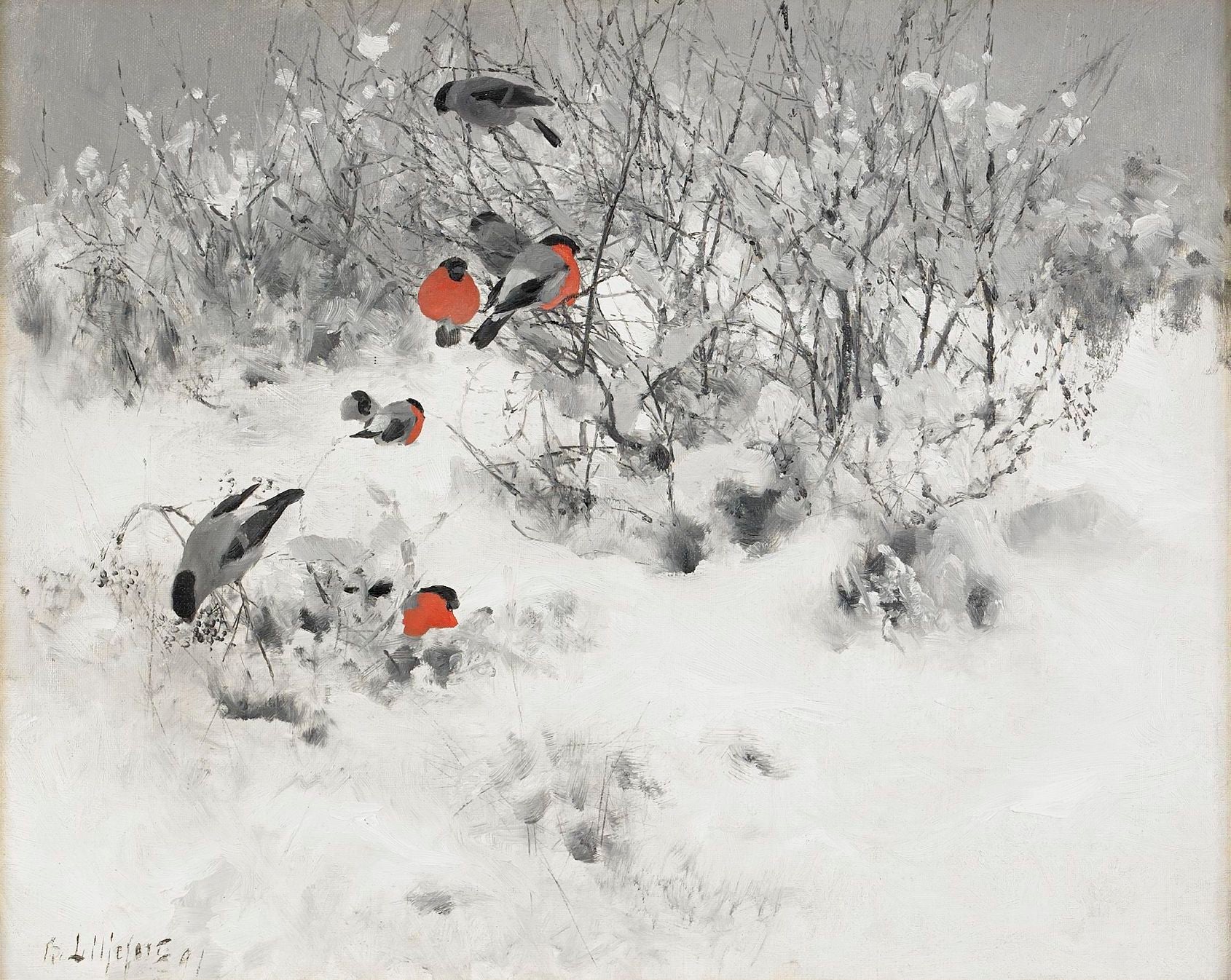 Paysage d'hiver avec des bouvreuils - Bruno Liljefors