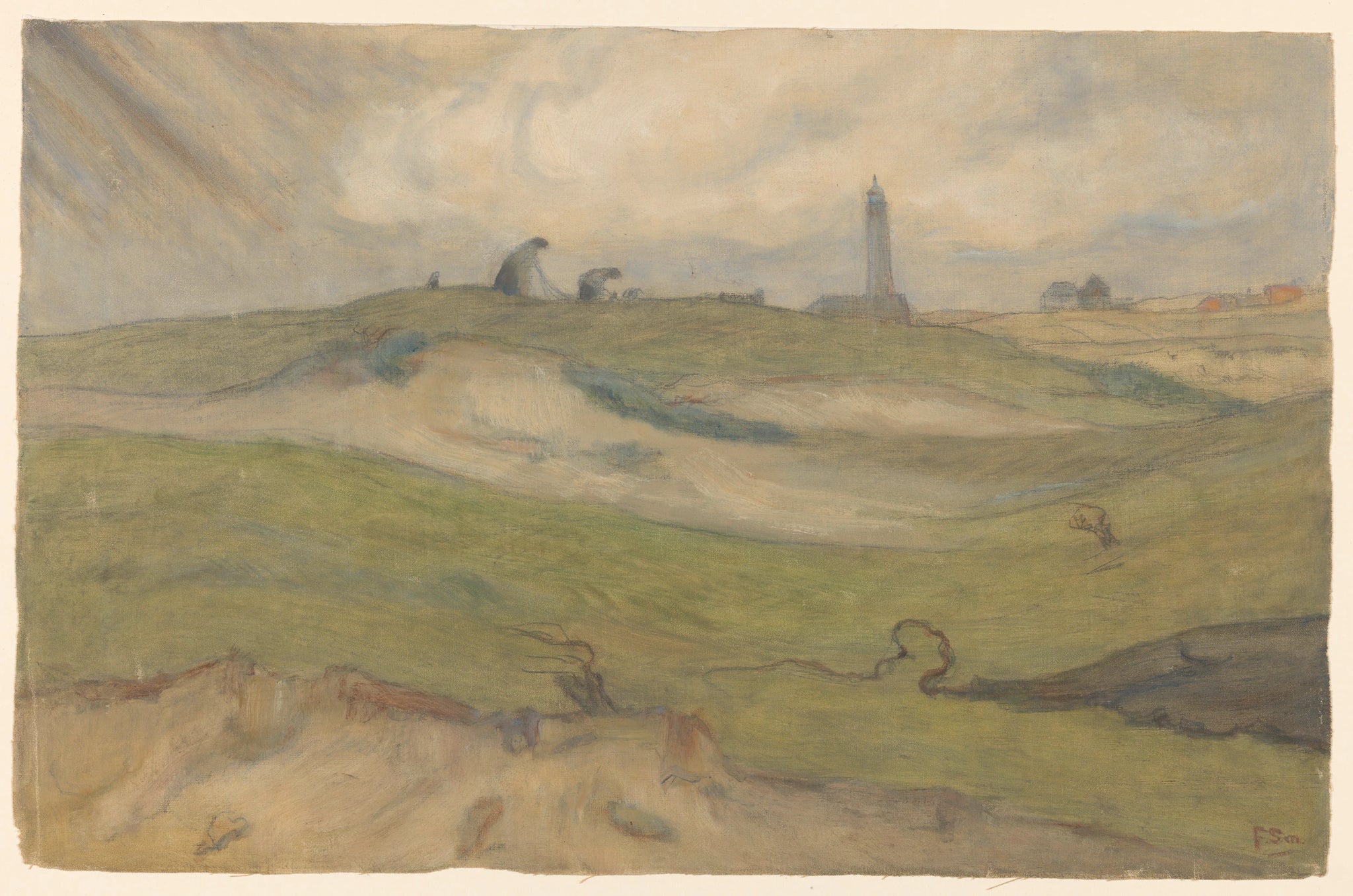 Paysage de dunes avec phare et hommes de filet - Frans Smissaert