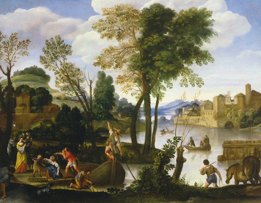 منظر نهر مع قوارب و صيادين، زوج أنيق يتنزه على ضفاف النهر - Domenichino