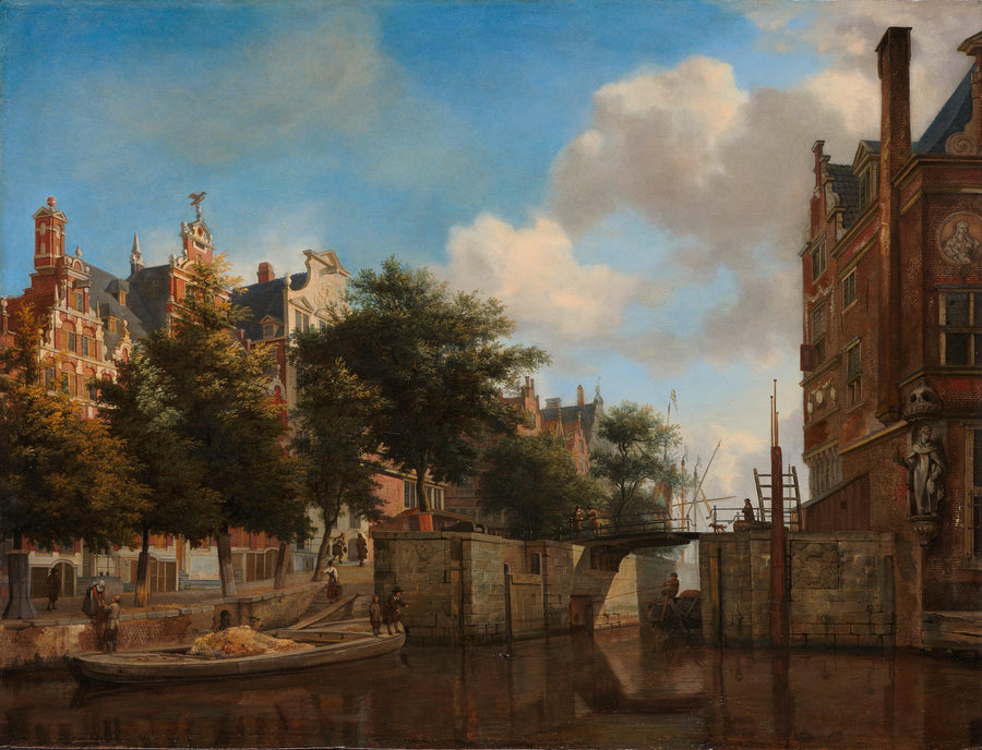 Paysage urbain d'Amsterdam avec des maisons sur le Herengracht et le vieux Haarlemmersluis - Jan van der Heyden