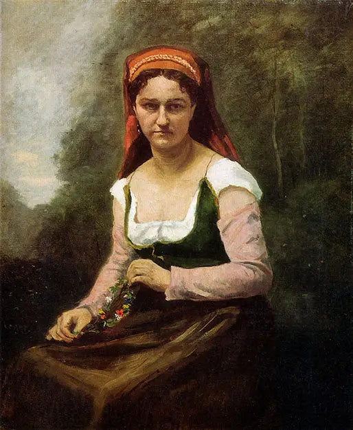 Paysanne assise dans la verdure, tenant une guirlande de fleurs - جان-باتيست كاميل كوروت