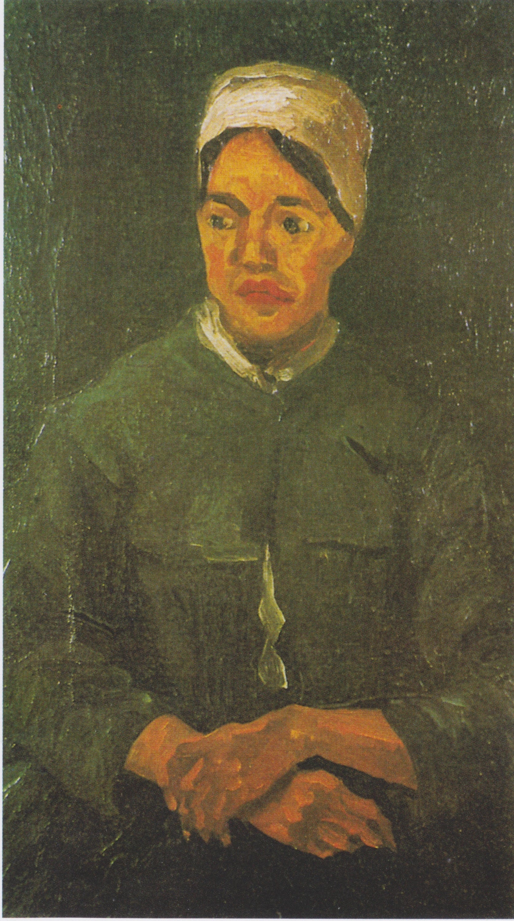 Paysanne assise à mi-corps F127 — femme en coiffe blanche, mains croisées et robe sombre peinte par Van Gogh