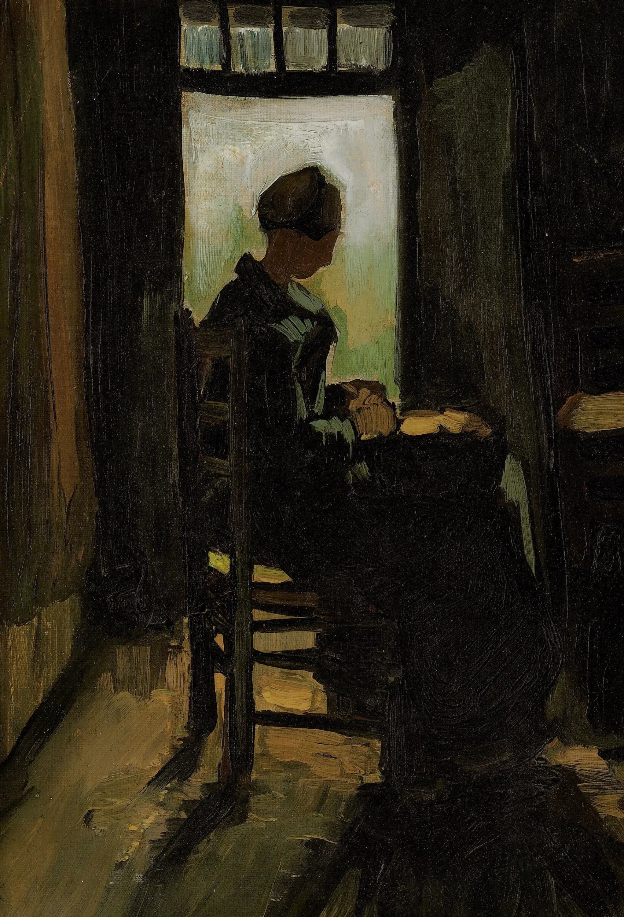 Reproduction du tableau « Paysanne assise devant une porte ouverte, épluchant des pommes de terre - Vincent van Gogh » par Alpha Reproduction en peinture à l’huile