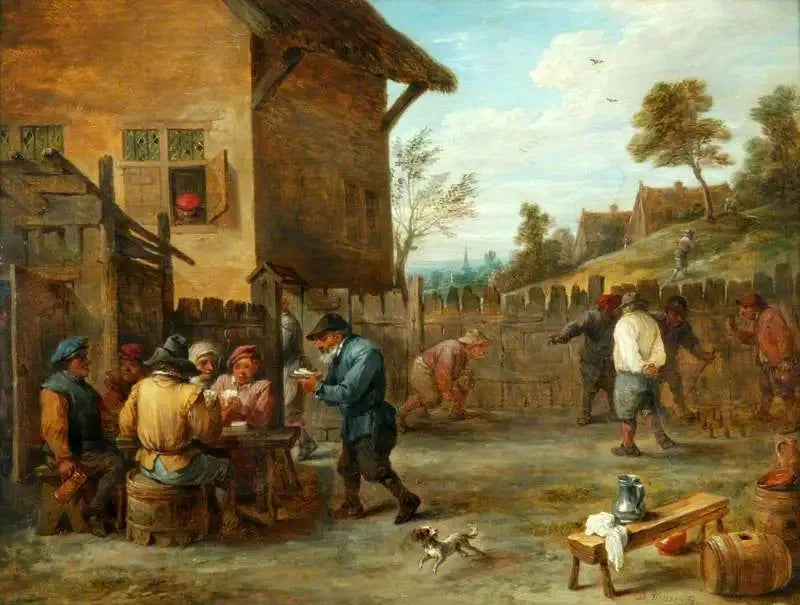 Paysans jouant aux cartes et aux quilles dans une cour - David Teniers le Jeune image 1 reproduction réalisée par Alpha Reproduction
