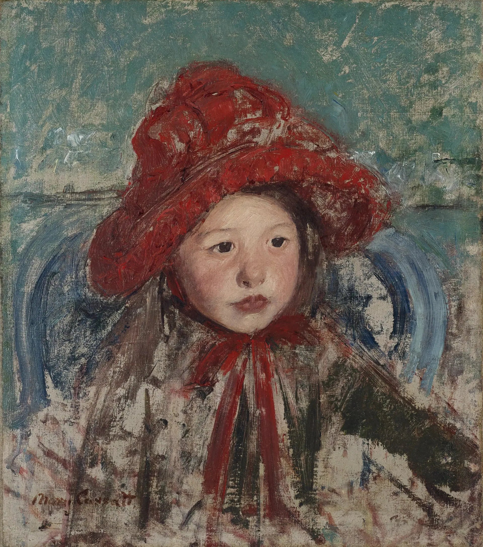 Petite fille au grand chapeau rouge - Mary Cassatt image 1 reproduction d’œuvre d’art à l’huile