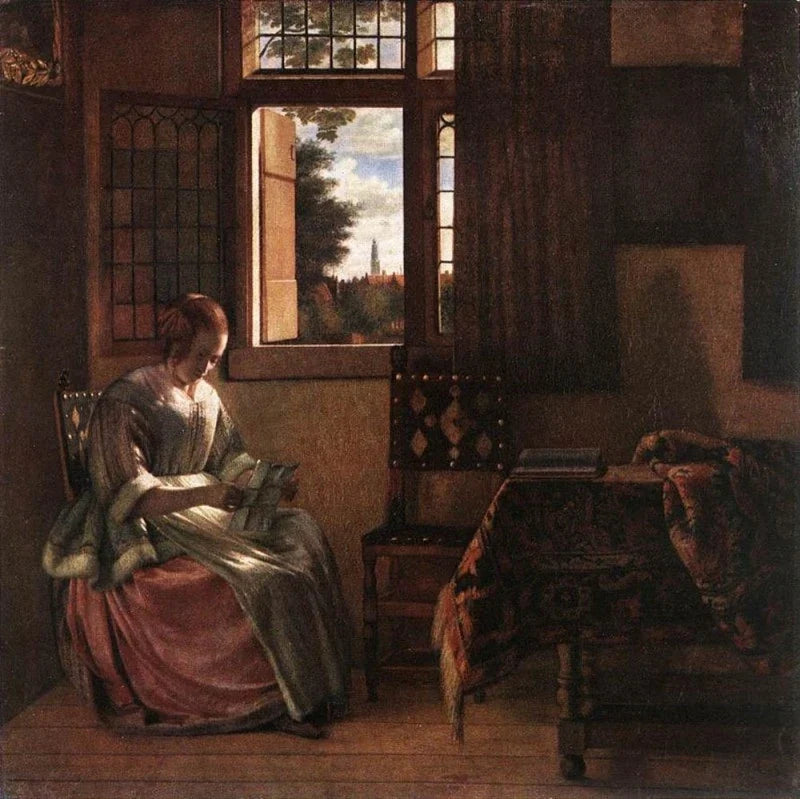 Femme lisant une lettre à une fenêtre ouverte, peinture de Pieter de Hooch