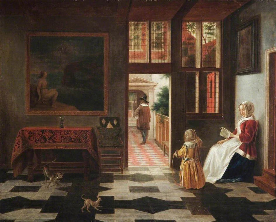 Intérieur avec une femme lisant et et un enfant, peinture de Pieter de Hooch