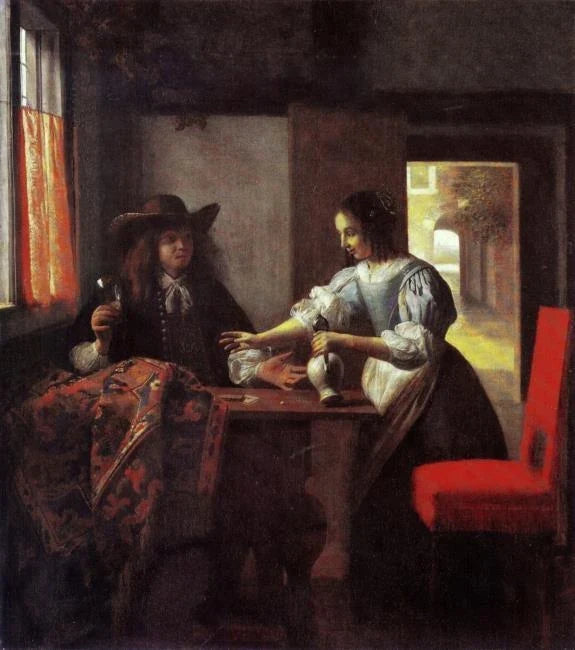 Homme avec un verre et une femme avec une cruche dans un intérieur, peinture de Pieter de Hooch