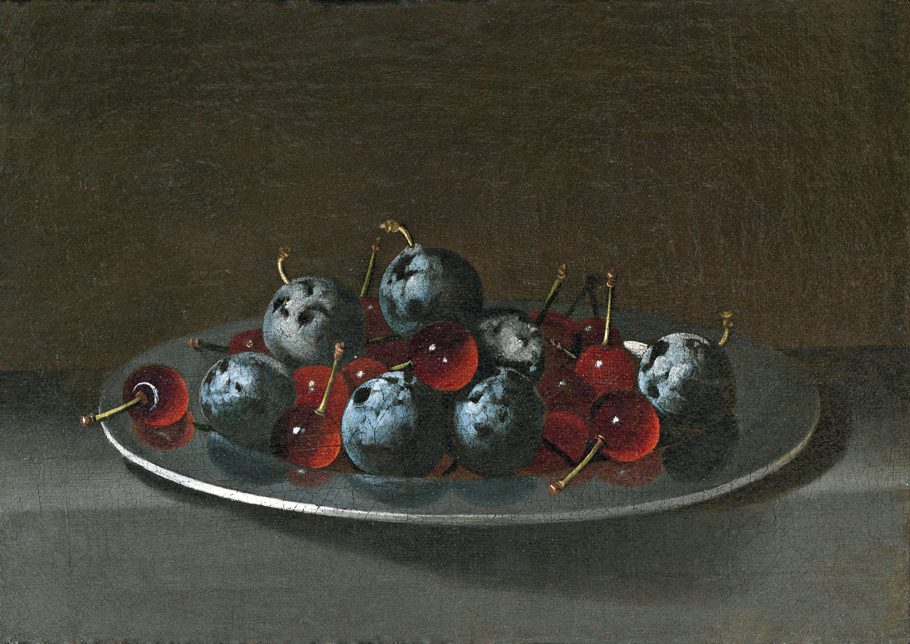 Plat avec pruneaux et cerises - Juan van der Hamen image 1 copie de tableau peinte à la main