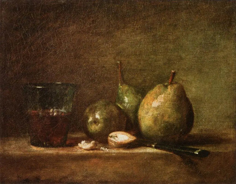 كمثرى، جوز وخوخة من زجاجة نبيذ - جان سيميون شاردان